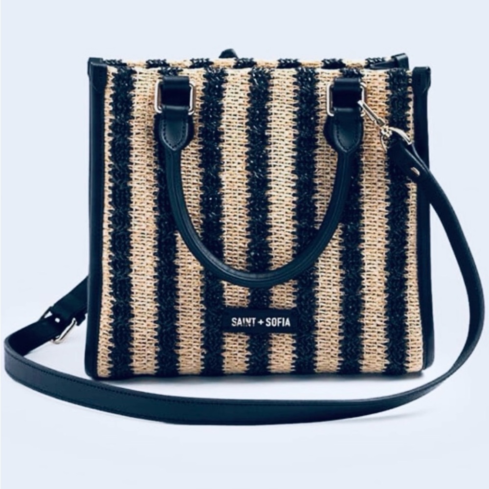 SAINT & SOFIA Mini Tote Bag Raffia Black/Tan Leather Artisan Handbag W/Strap - Picture 6 of 15